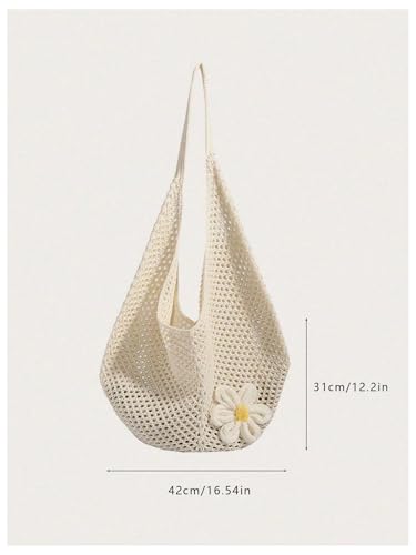 OYOANGLE Women's Floral Applique Crochet Beach Tote Bag Summer Boho Mesh Woven Tote Bag - color: Beige
