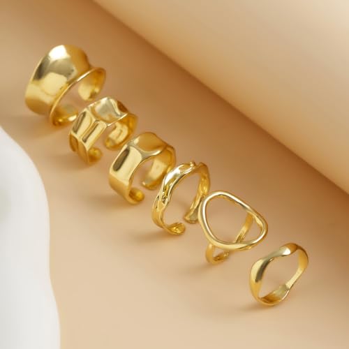 Chunky Rings for Women Adjustable Thick Rings Set Trendy Statement Stackable Ring for Women Chunky Jewlery Irregular Dome Flower Finger Knkuckle Thumb Ring - style: Style 3 - 6pcs g