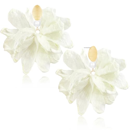 Handmade Fabric Flower Petal Fringe Dangle Drop Earrings Bohemian Floral Tassel Stud Earrings For Women - color: Off White