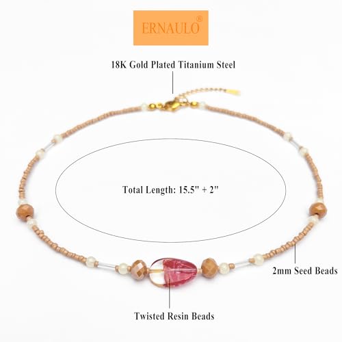 Beaded Necklaces for Women Summer Beach Beaded Necklace Bead Choker Boho Necklaces for Women Handmade Summer Jewelry Stainless Steel 18K Gold Plated - color: Beige