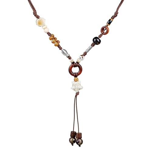 Boho Style Colorful Ceramic Bead Strand Necklace Adjustable Bohemian Jewelry Gift for Women, Fashion Clothing Matching Necklace - color: Beige and Brown