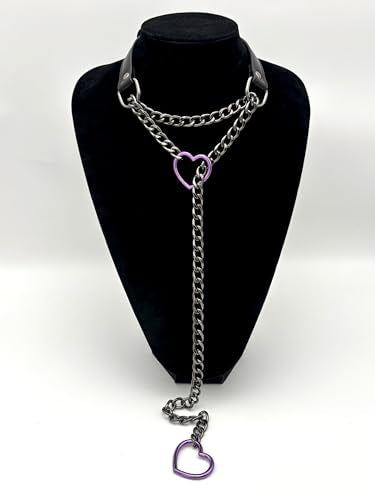 Black Leather Choker Collar For Women, Handmade Heart Slip Chain Choker Long Necklace with Adjustable Buckle - color: B-Black-Black-Purple, size: 24''chain