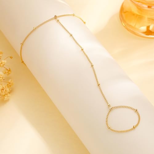 CHESKY 14k Gold Plated Hand Chain Bracelet for Women Trendy, Dainty Ring Bracelets Hand Chain Finger Nail Bracelet Simple Gold Hand Jewelry for Women Gifts - style: Bead