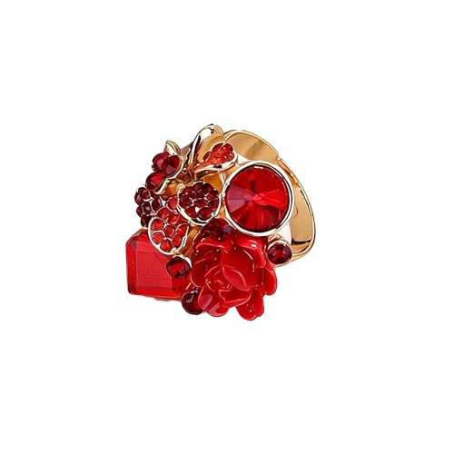 Jumwrit Shiny Crystal Flower Ring Statement Adjustable Open Band Wrap Finger Ring Square Rhinestone Floral Cocktail Ring Party Bridal Wedding Jewelry Vintage Boho Knuckle Ring for Women - color: Red