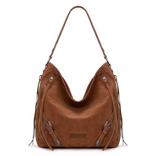 Wrangler Large Hobo Purses and Handbags for Women with Buckle and Fringe Zipper Faux Suede Shoulder Bag - color: Brown