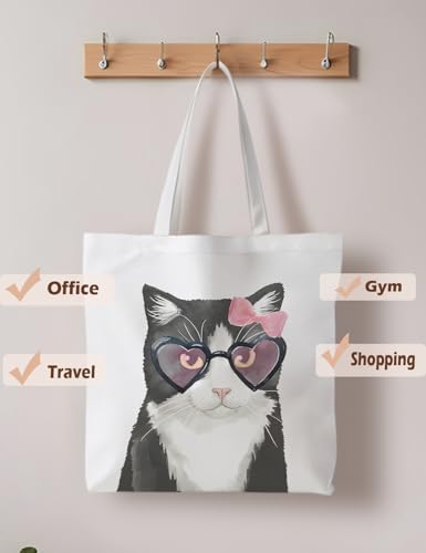 Preppy Animal Tote Bag, Pet Canvas Tote Bag, Reusable Grocery Shopping Shoulder Bags - color: Cat
