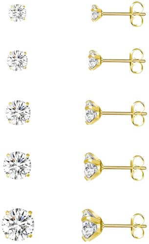 10 Pairs Small Stud Earrings for Women Precision-Cut Cubic Zirconia Earrings for Sensitive Ears Hypoallergenic Surgical Stainless Steel Tiny Stack Earrings for Multiple Piercing - color: Various Sizes-5 Pairs-Gold