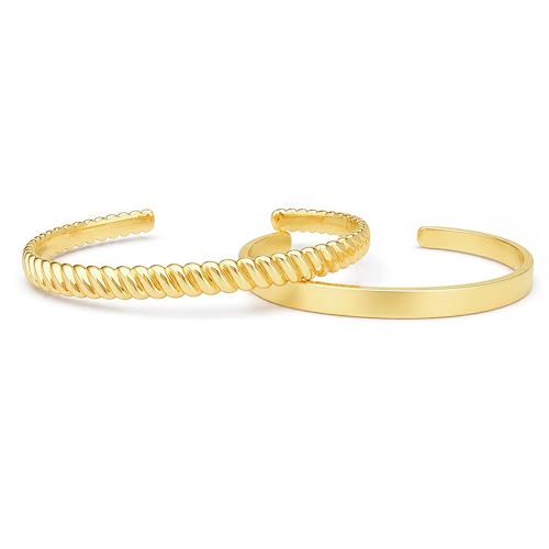 Gold Cuff Bracelets for Women, 14K Gold Plated Open Cuff Bangle Bracelet with CZ Pave, Minimalist Stackable Chunky Gold Bracelet for Women - color: Gold Twisted 2-Piece
