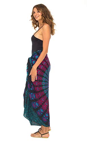 SHU-SHI Sarong Wraps for Women Long Beach Cover ups Pareo Bathing Suit Wrap Skirt Mandala Sarongs Coverup - color: Turquoise/Black/Pink