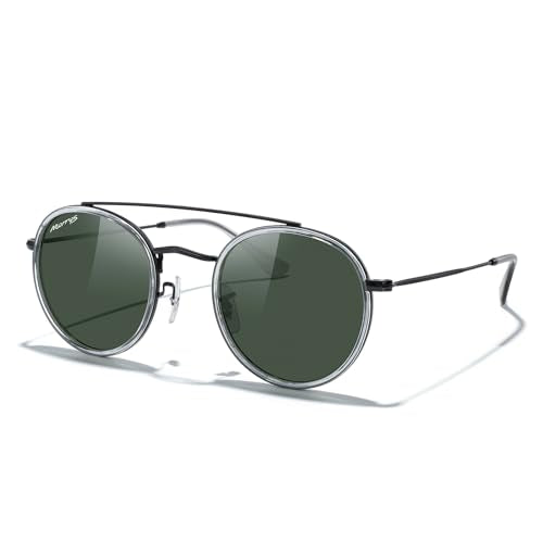 MERRY'S Retro Round Polarized Sunglasses - Unisex Double Bridge Sun Glasses - color: Tra Gray Frame/Black Bridge/G15 Lens