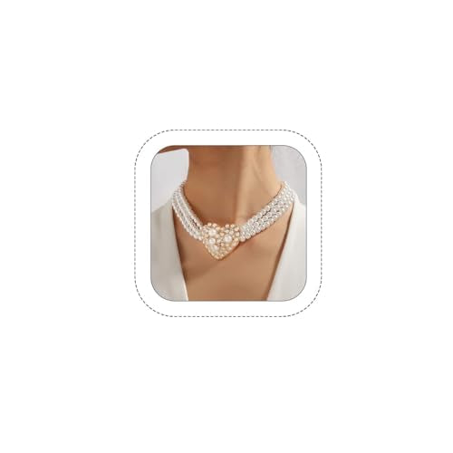 Bethynas Boho Layered Pearl Rhinestones Choker Necklace Vintage Chunky Pearl Crystal Pendant Short Necklace Chain Bridal Prom 1920s Costume Party Jewelry for Women - color: Pearl 7 - heart