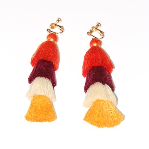Clip on Earrings, Lightweight Colorful Layered Tassel Bohemian Statement Tiered Big Dangle Drop Earrings for Women, Non Pierced, Boho Jewelry - color: Maroon