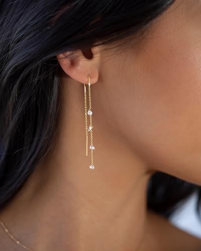 Pearl Earrings for Women, Gold Plated Huggie Hoop Drop Earrings | Hypoallergenic pearl hoop earrings designed for multiple piercings, cartilage styling and everyday wear - style: 3mm gold cz dangel earrings