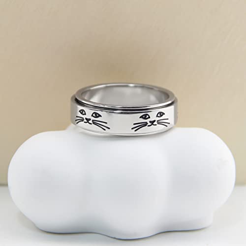 Anxiety Ring for Women Spinner Rings:Rotating Rings Stainless Steel 6mm Moon Star Anxiety for Men Band Jewelry Gift for Women Size 6 7 8 9 10 - color: Cute Cat-Silver
