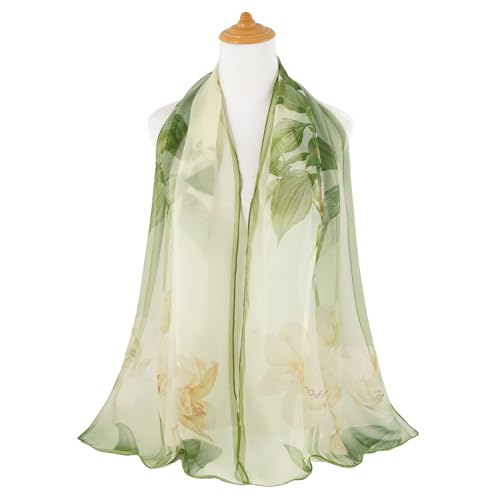 E-Clover Unique Fashion Women's Scarf Chiffon Sheer Scarves for Women Lightweight - color: Green Flowers-03