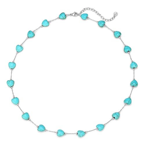 Created Turquoise Necklace for Women 14K Gold Plated Beaded Heart Choker Boho Necklaces Handmade Beach Summer Everyday Western Jewelry Gifts - color: Silver Chain, style: Heart