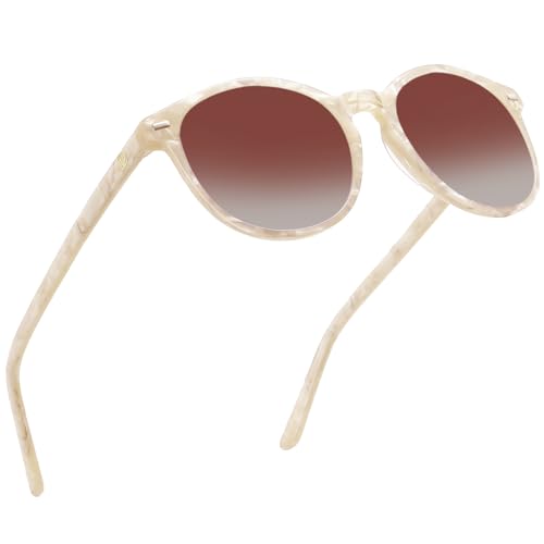 DUCO Women's Trendy Retro Round Acetate Polarized Sunglasses, UV400 99% Glare Block, Lightweight for Daily & Outdoor - color: Beige Frame Brown Lens
