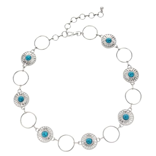 Women's Concho Chain Belt – Adjustable Western Waist Belt for Cowgirl, Festival & Boho Outfits - color: Silver With Turquoise, size: Small-Medium