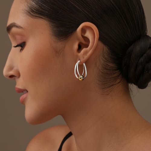LeCalla 925 Sterling Silver Beaded Ball Hoop Earrings | Lightweight Sleeper Bead Ball Earring Hoops | Cape Style Hoop Earrings for Women - color: Yellow-Gold Ball Bead