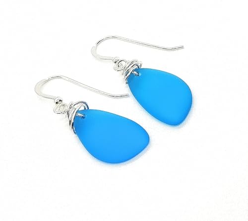Popular Recycled Sea Glass Earrings on Sterling Silver Hooks - color: Vivid Aqua