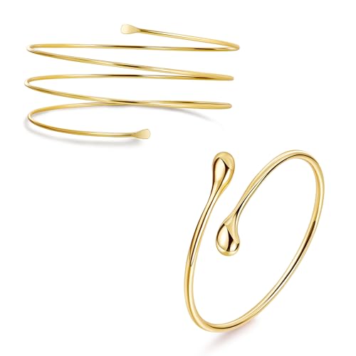 2Pcs Arm Cuff Gold Upper Arm Cuff for Women Adjustable Upper Arm Bracelets Open Irregular Arm Bangle Minimalist Coil Swirl Armlets Armband Jewelry - style: styleC gold