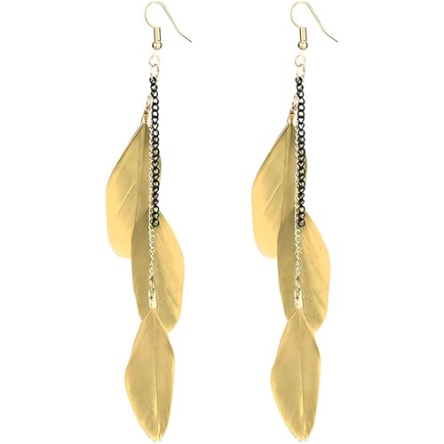 coadipress Boho Piercing Tassel Feather Long Chain Earrings Retro Lightweight Native Feather Dangle Drop Earrings for Women Bohemian Handmade Natural Feathers Earring Jewelry - color: Yellow