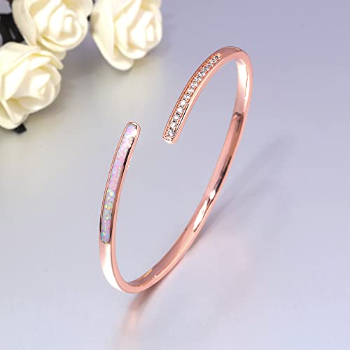 CiNily Womens Cuff Bracelet,Opal Bangle Bracelets Gold Plated Hypoallergenic Ladies Gemstone Open Cuff Bangle Bracelet - color: a.Thin CZ Opal-Rose Gold