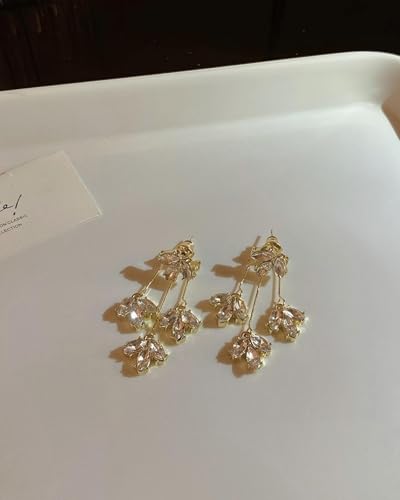 Prom Earrings for Women Gold Chandelier Earrings Dangle Dainty Flower CZ Long Tassel