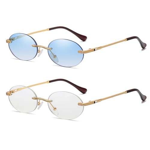 Retro Oval Sunglasses Rimless Small Round Glasses Frameless UV400 Men Women Fashion Shades - color: 2pack (Blue + Clear)