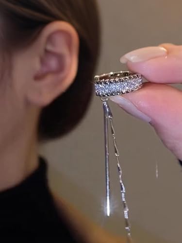 Silver Chain Earrings for Women Dainty Long Tassel Chain Hoop Earrings Layered Shiny Ring Non Piercing Earring Y2K Drop Dangle Cuff Earring Crystal Huggie Clip Hoops Gift for Her - color: Right Ear