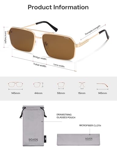 SOJOS Retro Polarized Square Sunglasses for Women Men Vintage Large Double Bridge UV Protection Metal Sun Glasses SJ1246 - color: Gold/Brown