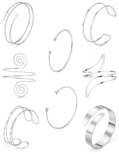 Arm Cuff Bracelet for Women Arm Layered Cuff Bangles Adjustable Coil Swirl Armlet ArmBand Stackable - style: 8 Sets Silver