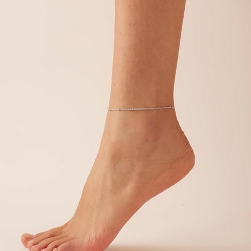 Dainty Ankle Bracelets for Women 18K Gold Plated Satellite Beaded Herringbone Lip Chain Anklets Simple Minimalist Summer Beach Foot Jewelry Christmas Gifts - color: Satellite-White Gold