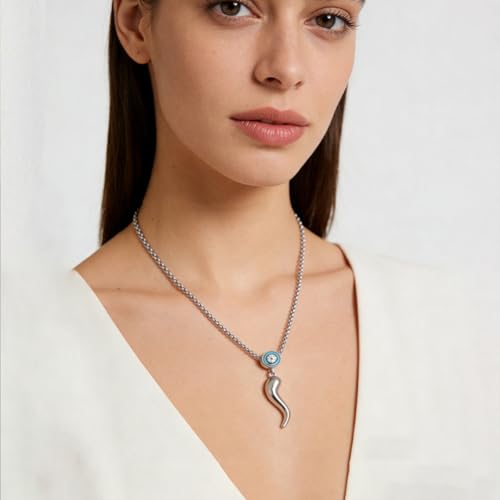INFUSEU Italian Horn Necklace with Evil Eye for Women Protection Good Luck Gifts - color: Silver, style: Style A