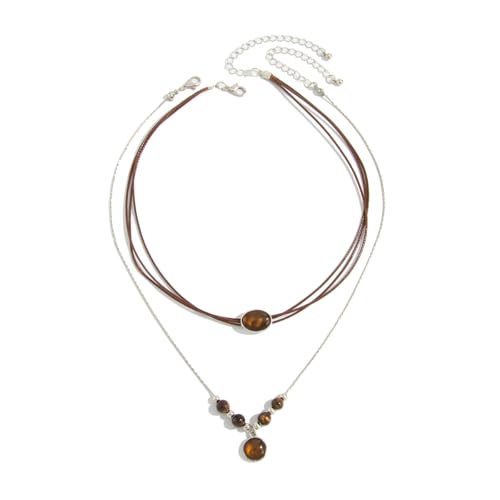 Tiger Eye Necklace for Women Vintage Gold Tiger Eye Brown Stone Pendant Layered Stack Beaded Necklace Elegant Vintage Boho Jewelry - style: SetC