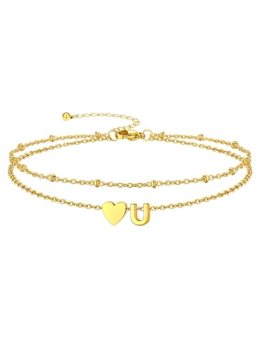 Silvora Ankle Bracelets for Women Waterproof 14K Gold/Silver/Black Initial Anklet for Women Dainty Layered Heart Ankle Bracelets Stainless Steel Adjustable Foot Chain Anklet Summer Beach Jewelry - color: Gold-14K Gold Plated, size: 21.U