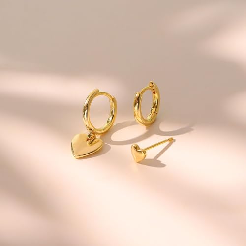 3 Pairs Small Earring Stacks, 14K Gold/Silver/Black/Rose Gold Plated Pearl Heart Butterfly Star Diamond Charm Drop Huggie Earrings Trendy Jewelry Gift for Women - color: Gold-Heart
