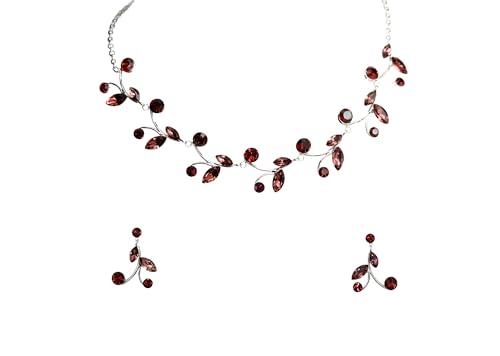 Faship Gorgeous Rhinestone Crystal Floral Necklace Earrings Set - color: Burgundy