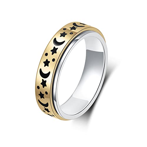 Anxiety Ring for Women Spinner Rings:Rotating Rings Stainless Steel 6mm Moon Star Anxiety for Men Band Jewelry Gift for Women Size 6 7 8 9 10 - color: A-Gold
