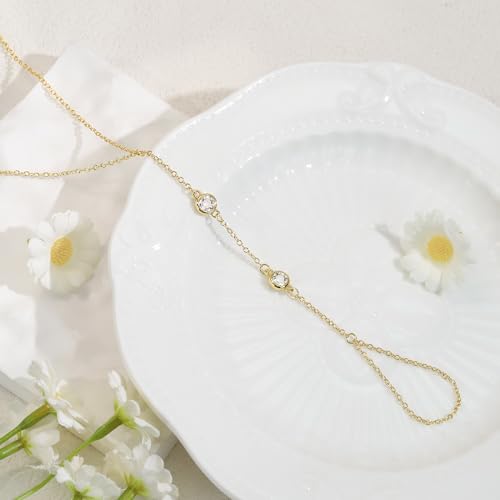 BAYLAY Hand Chain Bracelet, 14K Gold Plated Ring Bracelet Hand Chain Dainty Gold Bracelet for Women Trendy Finger Ring Slave Bracelets Hand Jewelry for Women Summer Beach Boho Gifts Trendy Stuff - color: 2CZ-7mm