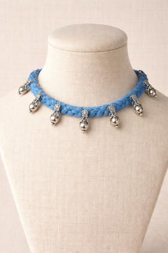 athizay Boho Charm Thread Choker Necklace – Braided Bohemian Choker with Oxidized Silver Dangle Charms | Handmade Boho Jewelry for Women - color: Sky blue, Silver