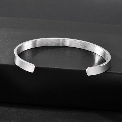 MEALGUET Stainless Steel Mens Cuff Bracelet : Minimal Cool Silver/Black/Gold Plated Open Metal Cuff Bangle Bracelets for Men,Mens Bracelet Jewelry Gift - color: Silver-Single, size: Large( fit 7" to 8.5" wrist)