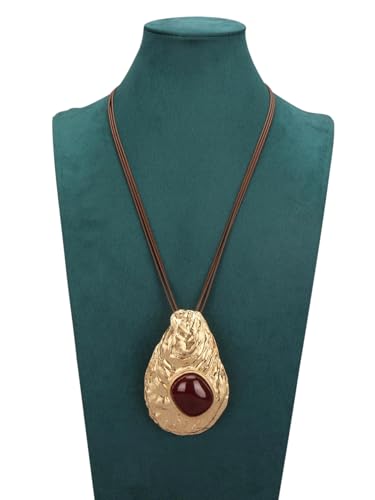 GelConnie Leather Necklace for Women Large Pendant Long Brown Necklace Circle Leather Choker Vintage Sweater Necklace Gold Chunky Boho Necklaces for Women - style: Large Red Stone Necklace