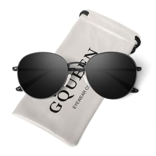 GQUEEN Retro Round Polarized Sunglasses Womens Men Spring Hinge Metal Frame Trendy Hippie Oval Sun Glasses Shades UV400 - color: 1 Black Frame/Black Lens