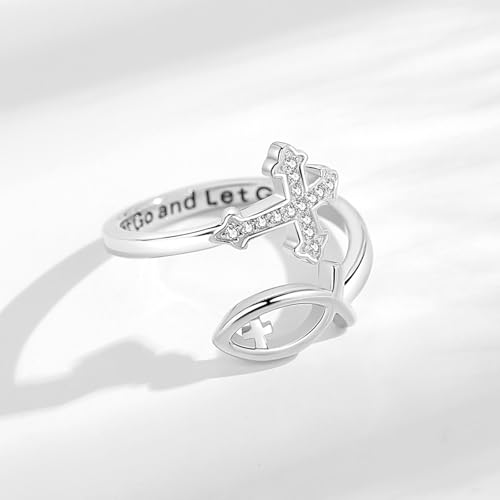 Vito 925 Sterling Silver Adjustable Open Spoon Ring for Women Men, Lotus Sunflower Snake Spoon Band Rings Feather Hug Witches Knot Inspirational Jewelry Gift for Wife - style: Jesus Fish-Silver