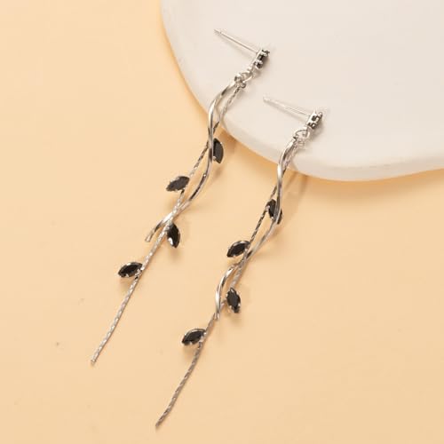 Temperament Long Zircon Tassel Earrings for Women Charm Jewelry Sparkling Crystal Leaves Twist Dangle Earrings for Friends - color: Silver-Black Leaves