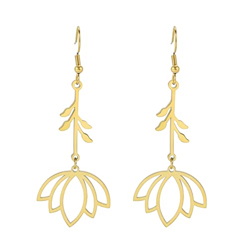 TEAMER Stainless Steel Lotus Flower Dangle Earrings Bohemian Drop Earring Unique Geometric Jewelry for Women - color: Lotus 1-Gold
