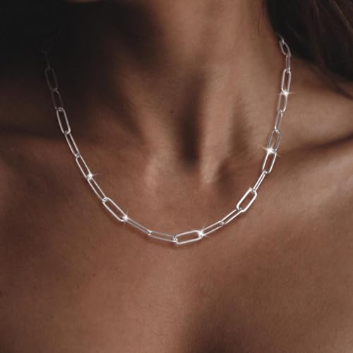 MBW Silver Paperclip Chain Necklace for Women,Dainty Sterling Silver Choker Necklaces for Women Trendy Simple Long Chunky Minimalist Waterproof Link Necklace Jewelry Gifts for Women 16/18/20 in - color: 5mm16"