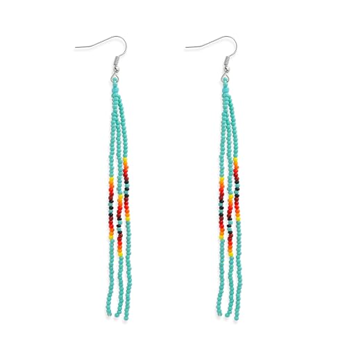 Native Long Beaded Tassel Earrings for Women, Boho Handmade Colorful Beads Statement Dangle Earing Prom Jewelry Gift. - color: Turquoise