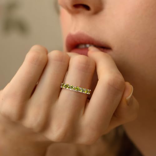 3.5mm Stackable Rings S925 Sterling Silver Created Birthstone & Cubic Zirconia Ring for Women Wedding Bands Anniversary Birthday Jewelry Size 6 to 10(with Box) - color: 08-Created Peridot-Aug